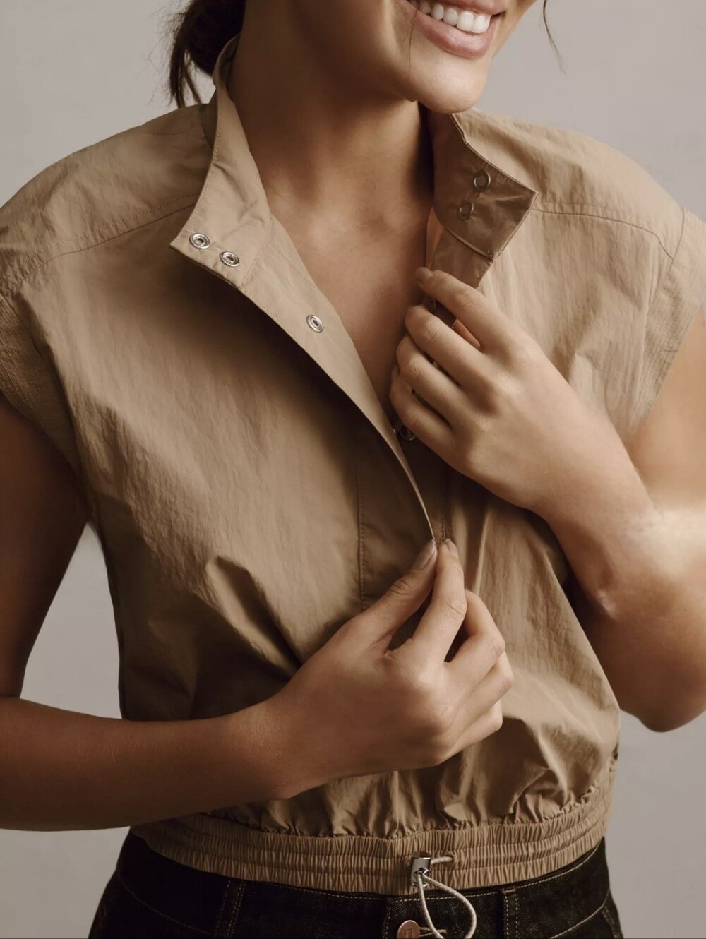 By Anthropologie Drawstring Popover Tan Nylon Mock Neck Crop Top